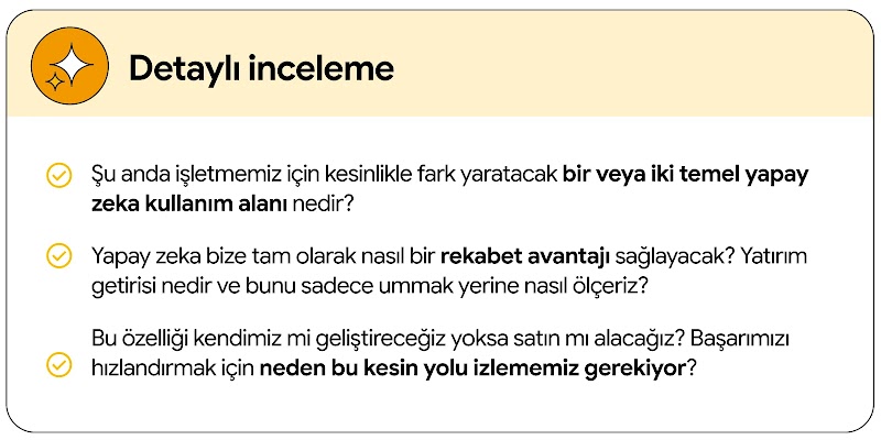 Detaylı inceleme kontrol listesi 3 soru içerir: Yapay zekanın işletmemize faydası nedir, nasıl rekabet avantajı ve yatırım getirisi sağlar? Yapay zeka çözümünü kendimiz mi geliştirmeli yoksa satın mı almalıyız?