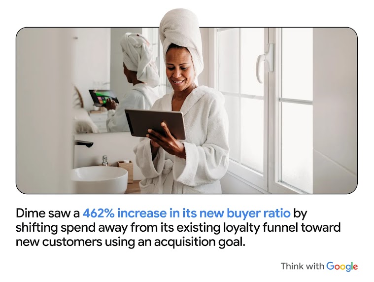 A woman wearing a bathrobe and towel on her head uses a tablet. Dime saw a 462% increase in its new buyer ratio by shifting spend away from its existing loyalty funnel toward new customers using an acquisition goal.