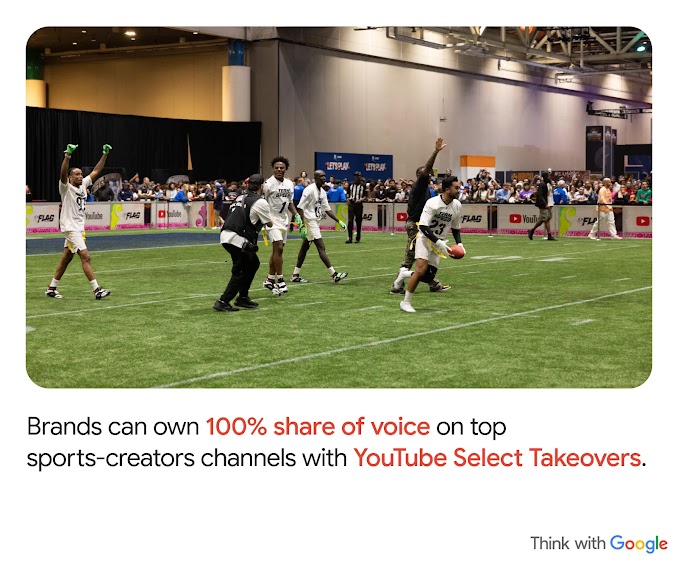 YouTube creators play touch football on an indoor gridiron. Brands can own 100% share of voice on top sports-creator channels with YouTube Select Takeovers.