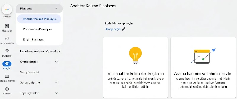 Google Anahtar Kelime Planlayıcı kontrol paneli, navigasyonda konumu gösteriyor.