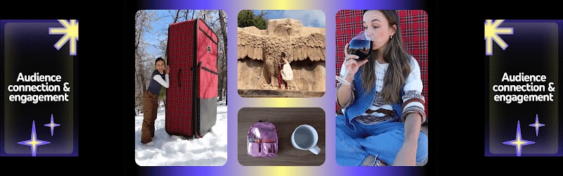 Several YouTube clips of Pierson: leaning on the largest suitcase, standing by a stone-like structure, a purple backpack beside a mug, and sipping red wine with panels reading “Audience connection & engagement”, show how she connects with fans.