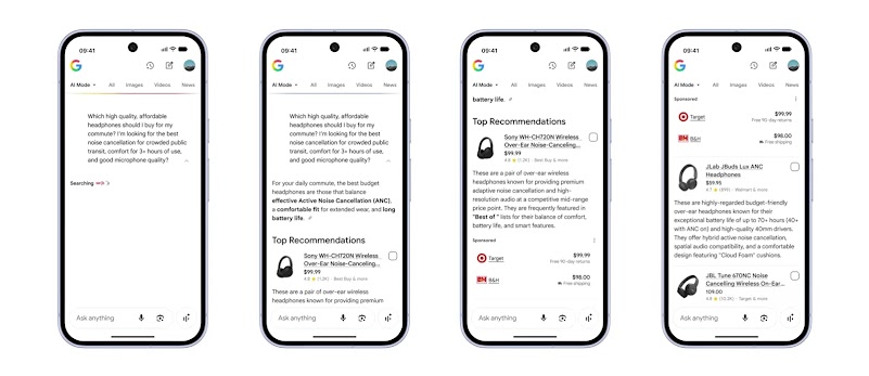 AIモードに表示する新しい広告フォーマットのデモ画面。質問に関連するおすすめ商品とともに、それを提供する小売業者がスポンサーとして明記されている。