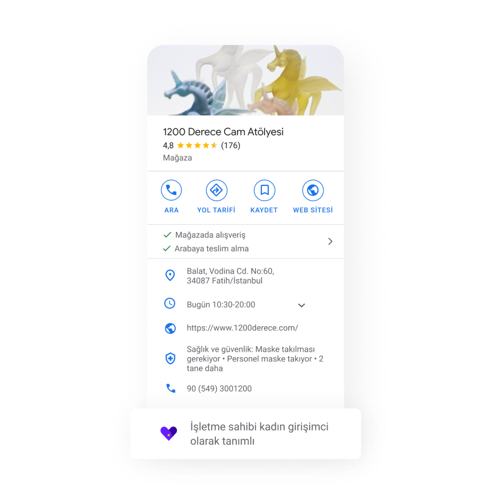 Siyahi girişimci, kadın girişimci, gazi girişimci ve LGBTQ dostu gibi bazı eklenmiş özelliklerin öne çıkarıldığı bir İşletme Profilinin resmi.