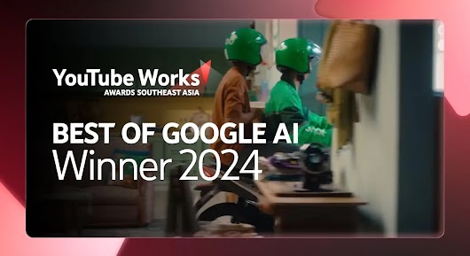 The image shows two delivery riders wearing green helmets and bright green or orange shirts, with one of them on a motorbike inside what appears to be a home hallway. Large white text is overlaid on the left side of the screen, reading: "BEST OF GOOGLE AI Winner 2024," along with the YouTube Works Awards Southeast Asia logo.