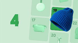A blue knitted cap fills a calendar grid for January 19. A green calendar grid, with holiday gifts in each square, fills the background.