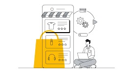 A man using his laptop beside a mobile screen showing product listings with a store awning above it, and search bar, card, and video play icons circling two cogs, representing the omnichannel retail behavior and buying journey of Hong Kong consumers.