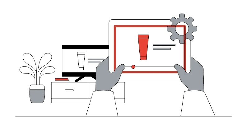 Die Grafik zeigt im Hintergrund einen TV-Bildschirm, auf dem einen Anzeige läuft. Im Vordergrund hält eine Person ein iPad, auf dem ebenfalls eine Anzeige in einem KI-gestützten Format läuft.