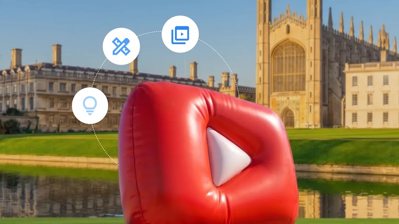 A large inflatable red YouTube play button sits on a lawn in front of King's College Chapel, Cambridge. Three circular blue icons representing a lightbulb, drafting tools, and media players float in an arc above it.
