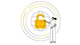 An illustrated image of a woman gesturing towards a yellow lock, which is positioned within a circular forcefield.
