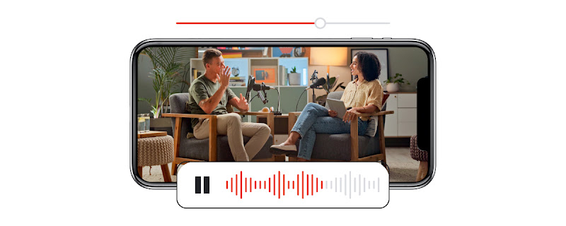 A photograph shows two people sitting opposite each other and having a conversation with large microphones standing next to them. There is an illustration of an audio track on top of the photo.