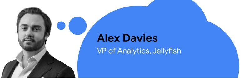 Foto von Alex Davies, Vice President Analytics bei Jellyfish (Name und Position in einer blauen Denkblase)]