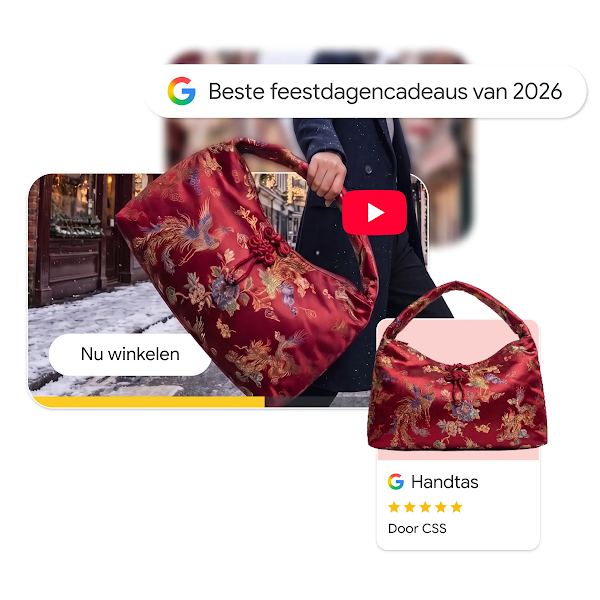 Een digitale collage van een winkelreis voor een rood geborduurde handtas, met een Google-zoekbalk voor "Beste kerstcadeaus 2026", een YouTube-videofragment met de knop "Nu shoppen" en een Google Shopping-productkaart met 5 sterren.