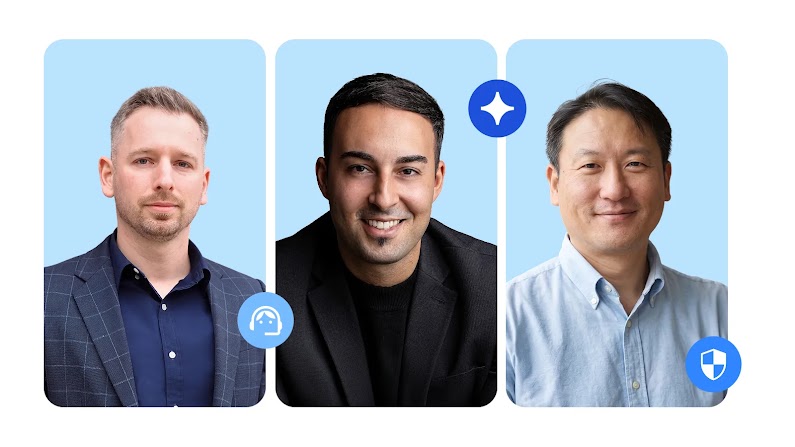 Three vertical photo panels set side-by-side against a light blue background, each featuring a headshot alongside a small blue icon. From left to right: Szymon Szymanski, Chief Growth Officer, XTB; Aydin Sahin, Chief Marketing Officer, UBS Switzerland AG; and Wook Han, Senior Vice President, Business and Market Insights, EEMEA, Mastercard.