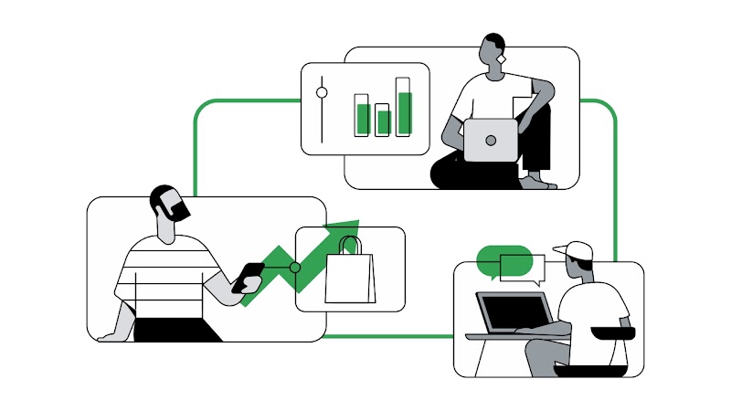 Tres pantallas con tres personas que miran su computadora con distintos objetivos de negocio. Se ve un gráfico de barras, una bolsa de compras con una flecha ascendente y un globo de diálogo.