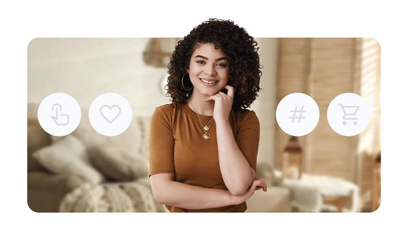 Mulher representando uma audiência sintética, com os ícones: clique; coração; hashtag; carrinho de compras.