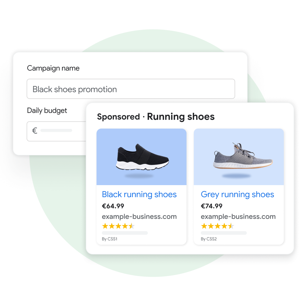 Two user interface modules: One demonstrating a user creating a name and budget for a new campaign in Performance Max and the other displaying the customer experience of seeing sponsored product listings on Google Search as a result of that campaign.
