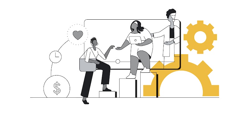 A ilustração exibe três mulheres negras, dispostas em diferentes degraus. A que está no nível mais alto usa um turbante e ampara a do meio, uma mulher gorda que segura um laptop e puxa a terceira, de cabelo curto, argolas e uma pasta a tiracolo.