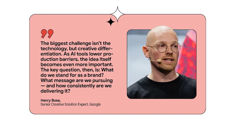 A graphic featuring a quote by Henry Bose, Senior Creative Solution Expert at Google. The quote discusses creative differentiation as the biggest challenge, not technology, and emphasizes brand identity and consistent messaging.