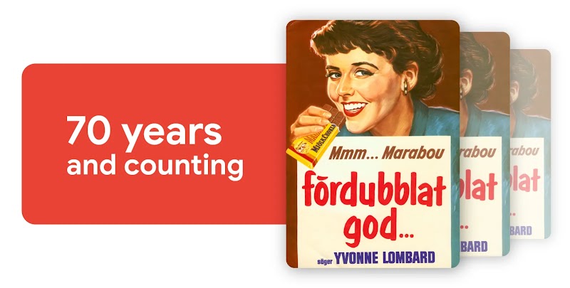 A 1950s ad for Marabou chocolate featuring Swedish actress Yvonne Lombard. On the right, written in Swedish, copy reads: “Mmm… Marabou. Doubly good.” On the left, against a red background and in English, copy reads: “70 years and counting”.