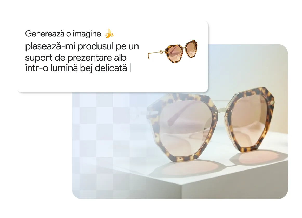 Captură de ecran care prezintă o solicitare pentru generarea unei imagini AI cu textul „Generează o imagine: plasează-mi produsul pe un suport de prezentare alb într-o lumină bej delicată”, împreună cu fotografia unor ochelari de soare cu ramă cu model de carapace de țestoasă prezentați pe un suport alb minimalist pe un fundal bej delicat cu iluminare difuză.