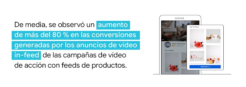 Móvil con un feed de productos de la empresa c'Balm Natural Care en la pantalla. De media, se observó un aumento de más del 80 % en las conversiones generadas por los anuncios de vídeo in-feed de las campañas de vídeo de acción con feeds de productos.