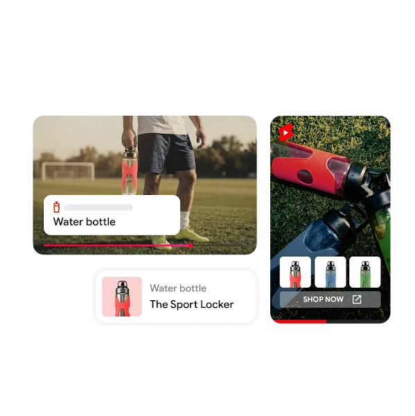 Multi-format ad creative featuring 'The Sport Locker' water bottle, displayed in both vertical Shorts and horizontal video layouts with interactive shopping elements.