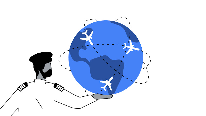 Un'illustrazione mostra un uomo di spalle vestito da pilota di aereo. Sulla su mano destra un globo e una serie di aerei che lo sorvolano.