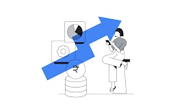 An upward trending arrow overlays a woman using her phone beside a stack of coins and a gear and pie chart icon, representing how an AI-powered digital strategy can improve marketing for financial services and customer acquisition.