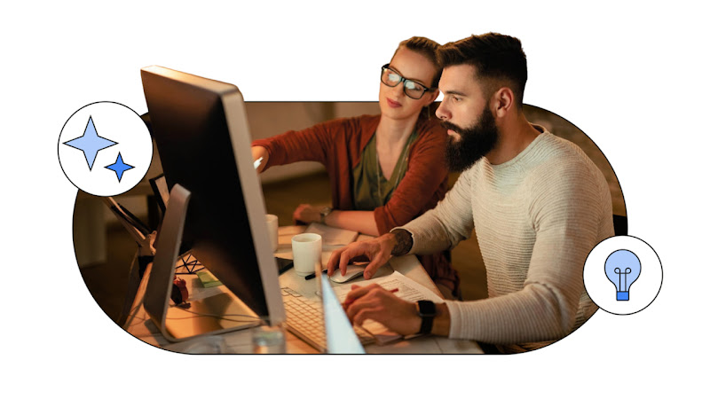 Un hombre con barba y sweater beige se encuentra frente a una computadora de escritorio. A su lado, una mujer de anteojos mira también el monitor. Dos íconos celestes (dos estrellas y una bombilla eléctrica) acompañan la imagen.
