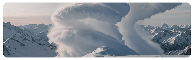 A whirlwind of snow appears to swirl up to the sky from the snow-covered mountains in this still from the AI-generated film for Moncler.
