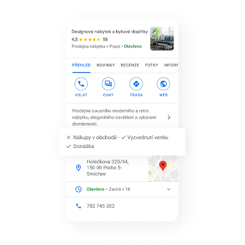 Obrázek Firemního profilu na mobilním zařízení s nabídkou služeb – možnost dodání zboží a vyzvednutí venku, ale nikoli nákupu přímo v obchodě. Otevírací doba a partneři pro objednávání a vyzvednutí.