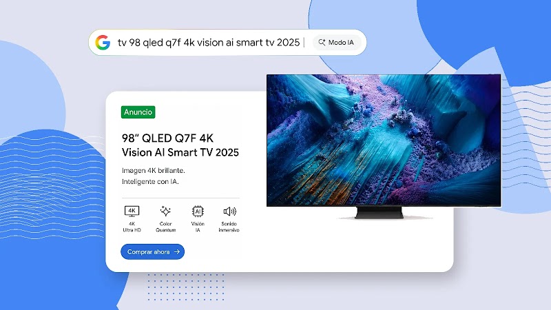 Anuncio de una Smart TV sobre fondo en tonos rojos. Incluye una barra de Búsqueda de Google, detalles del televisor con iconos (4K, IA, sonido inmersivo), un botón de «Comprar ahora» y el televisor con un fondo de arte abstracto azul.