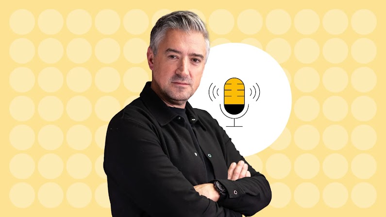 Jon Evans, Executive Producer and Host of Uncensored CMO, posing with arms crossed in a black shirt against a yellow patterned background with a microphone icon.