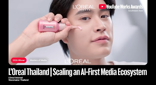 A promotional thumbnail featuring the YouTube Works Awards 2026 Winner seal in the 'Masters of Media' category. Includes the L'Oréal Paris logo, a product bottle of Glycolic-Bright Exfoliant Peel on a bright background, and the campaign title 'Scaling an AI-First Media Ecosystem' with credit to Wavemaker Thailand.