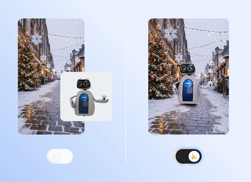 Un confronto prima/dopo. A sinistra, lo sfondo di una strada di Natale innevata con un robot Lavazza sovrapposto. A destra, il robot è perfettamente integrato nella stessa scena. Sotto, si trovano i pulsanti di controllo "prima" e "dopo".