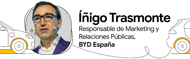Íñigo Trasmonte, director de Marketing y Prensa, BYD España, con una ilustración de un coche.