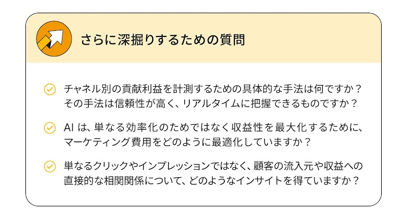 さらに深掘りするための質問：チャネル別の貢献利益を計測するための具体的な手法は何ですか？ その手法は信頼性が高く、リアルタイムに把握できるものですか？／AI は、単なる効率化のためではなく収益性を最大化するために、マーケティング費用をどのように最適化していますか？／単なるクリックやインプレッションではなく、顧客の流入元や収益への直接的な相関関係について、どのようなインサイトを得ていますか？