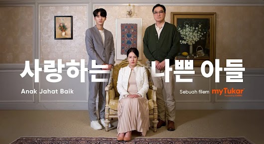 The video thumbnail depicts a dramatic scene from a Korean-style family confrontation, where a mother, son, and father are gathered, likely over the son's 'love interest,' which is revealed to be a myTukar Certified car.