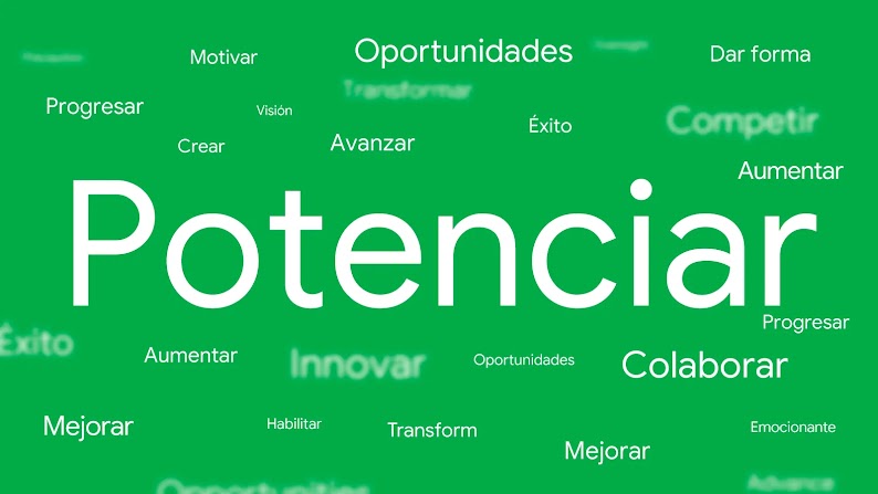 Una nube de palabras donde aparece el término potenciar en una fuente grande y, en una fuente más pequeña: colaborar, potencial, mejorar, avanzar, dar forma y aumentar.