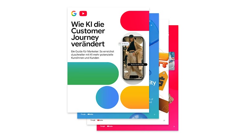 Das Cover von „Wie KI die Customer Journey verändert“ zeigt über dem Titel die Logos von Google und YouTube und ist mit Icons in Primärfarben verziert.