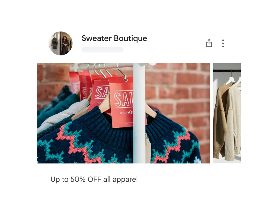 A sweater store shares an update that their winter sale is happening now.