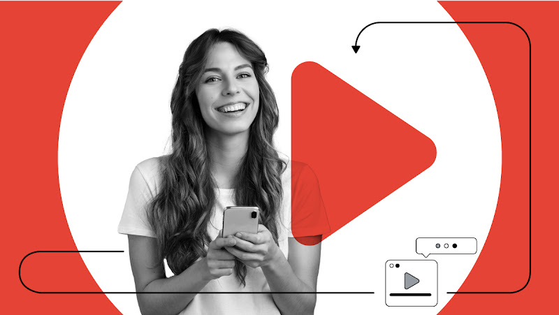 Una chica de pelo largo mira sonriente al frente mientras sostiene su smartphone con las dos manos, le rodea un marco de color rojo y un play de vídeo grande rojo.