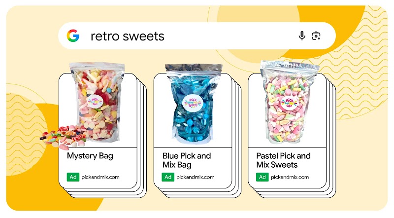 Against a yellow background, a Google search bar with the copy “retro sweets”. Below, 3 ads for pickandmix.com. From left to right, ad copy reads: “Mystery Bag”; “Blue Pick and Mix Bag”; and “Pastel Pick and Mix Sweets”. Each ad has an image of the relevant sweet above the copy.