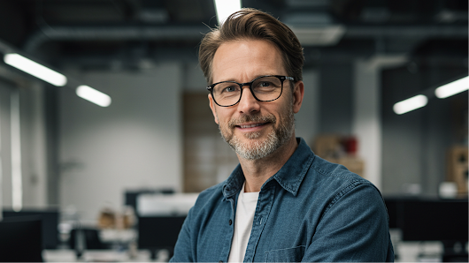 A practitioner standing in a open office setting, who is a participant in the Google Ads Impact Awards. 