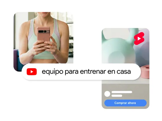 Gráfico que muestra un diseño de anuncio de producto estilo redes sociales. A la izquierda, una mujer con ropa deportiva se toma una selfie frente al espejo con su celular; el anuncio está etiquetado como “equipo para entrenar en casa” e incluye el icono de YouTube. A la derecha, una tarjeta de producto minimalista muestra equipo de ejercicio en tonos pastel con un icono rojo estilo Shorts y un botón de “Comprar ahora”.