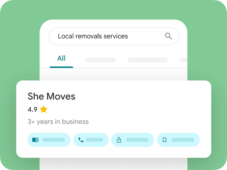 Profile highlight shows years in business and rating from reviews.