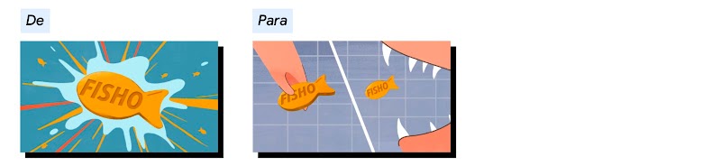 O biscoito Fisho em destaque num fundo colorido deve ser substituído por uma cena em detalhe, na qual uma mão segura um biscoito Fisho e uma boca com dentes afiados está prestes a comer o biscoito.