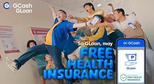 A GCash GLoan promotional image showing a group of excited people flying through the air, with large text reading 'Sa GLoan, may FREE HEALTH INSURANCE' and a smartphone displaying the app.