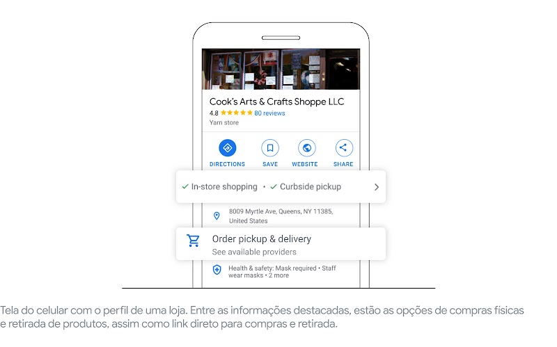 Tela do celular com o perfil de uma loja de materiais de arte. Há informações destacadas sobre opções de compras físicas e retirada de produtos e compras e retirada.