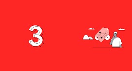 Fondo rojo. El número tres es un hombre con gorra y una mano en la barbilla que mira una bicicleta en un paisaje con nubes. La bicicleta está parcialmente cubierta por una etiqueta roja.